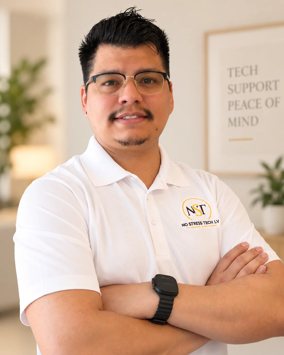 Luis, founder of No Stress Tech LV, wearing a No Stress Tech LV polo